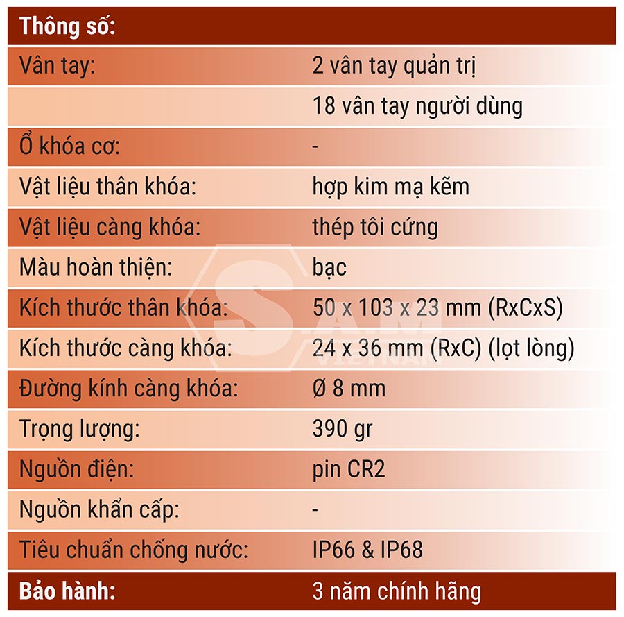 Thông số kỹ thuật khóa bấm Abus Touch 57/50