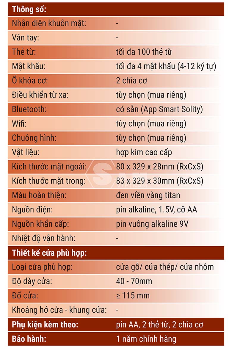 Thông số kỹ thuật khóa Solity GM-6000K Thông số kỹ thuật khóa Solity GM-6000K