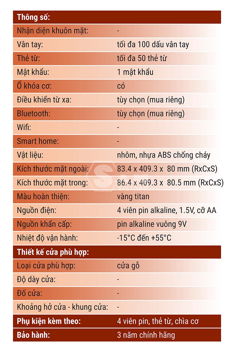 Thông số kỹ thuật khóa HIONE+ IDL 300F