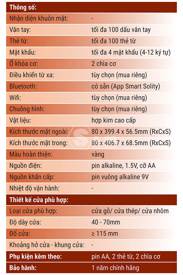 Thông số kỹ thuật khóa vân tay Solity GP-4000BK Khóa vân tay Solity GP-4000BK