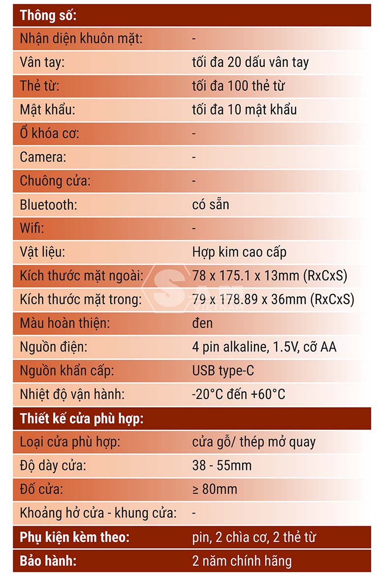 Thông số kỹ thuật khóa Kaadas R8-5 Thông số kỹ thuật khóa Kaadas R8-5
