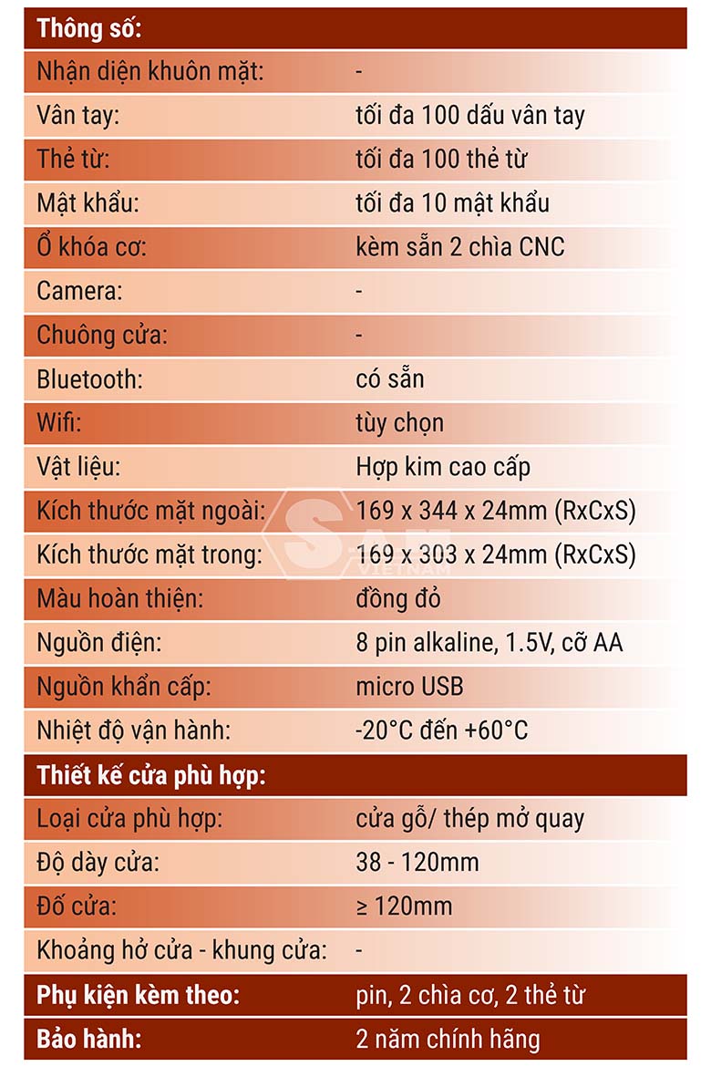 Thông số kỹ thuật khóa Kaadas S500-C5 Copper